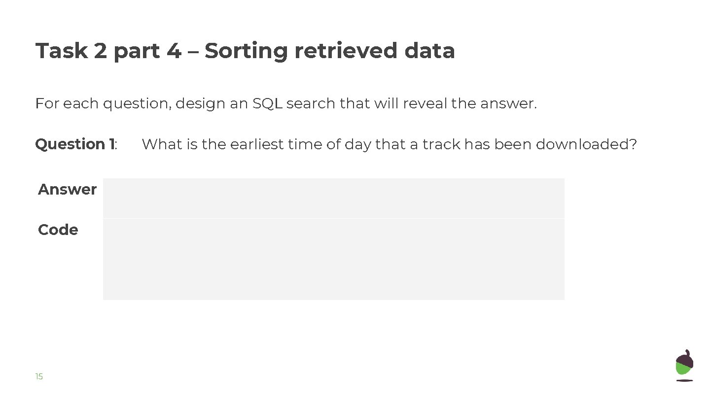 Task 2 part 4 – Sorting retrieved data For each question, design an SQL
