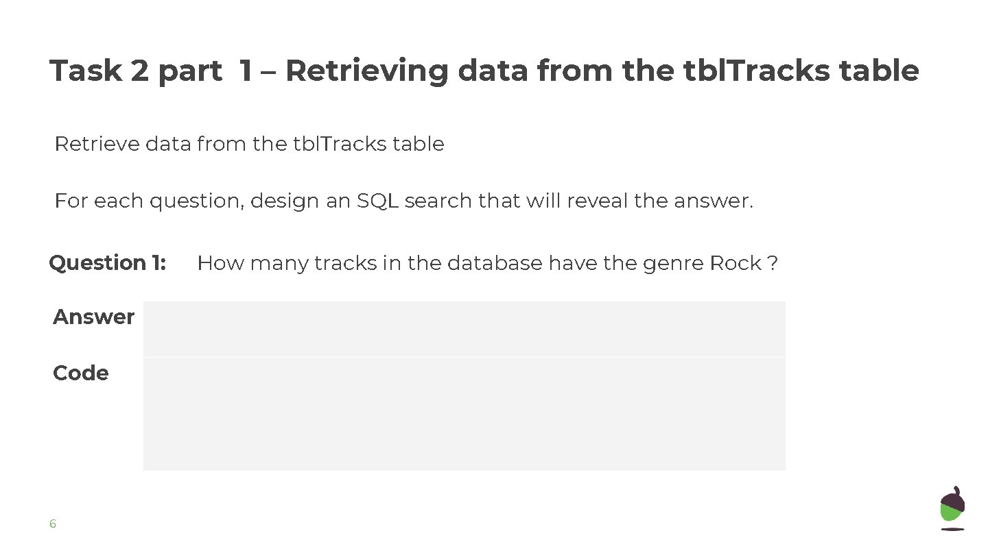 Task 2 part 1 – Retrieving data from the tbl. Tracks table Retrieve data