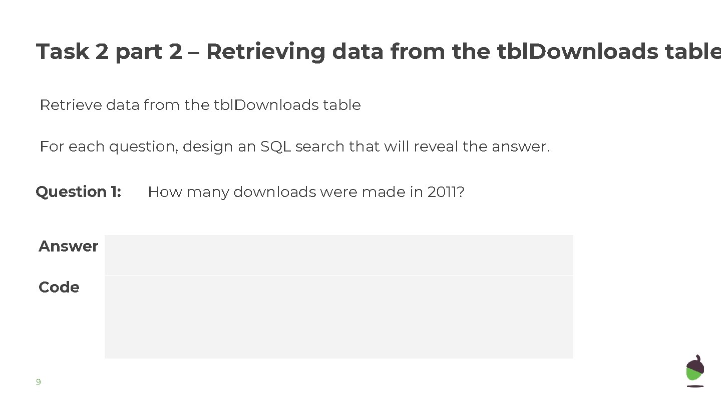 Task 2 part 2 – Retrieving data from the tbl. Downloads table Retrieve data