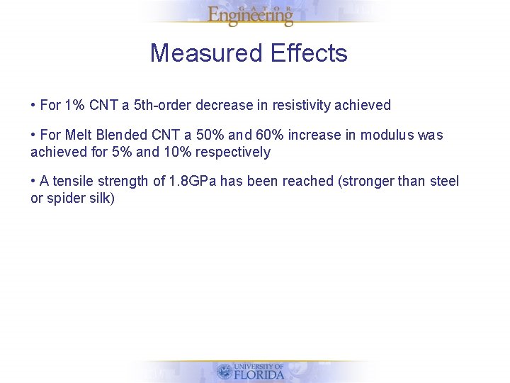 Measured Effects • For 1% CNT a 5 th-order decrease in resistivity achieved •