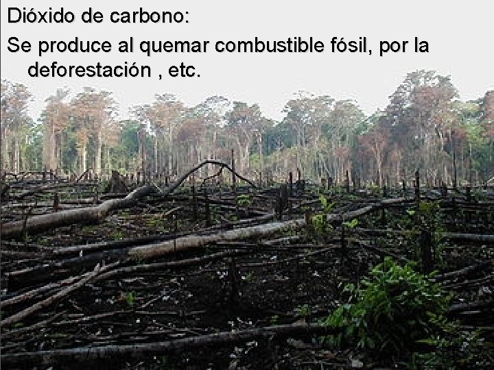 Dióxido de carbono: Se produce al quemar combustible fósil, por la deforestación , etc.