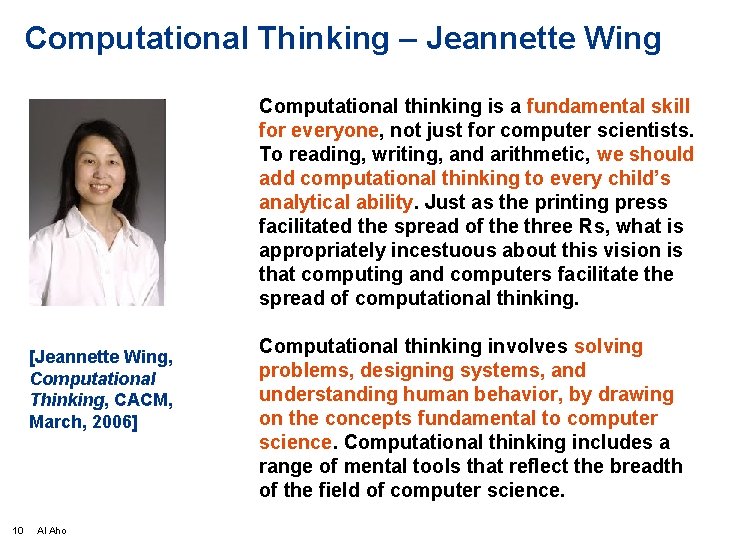 Computational Thinking – Jeannette Wing Computational thinking is a fundamental skill for everyone, not