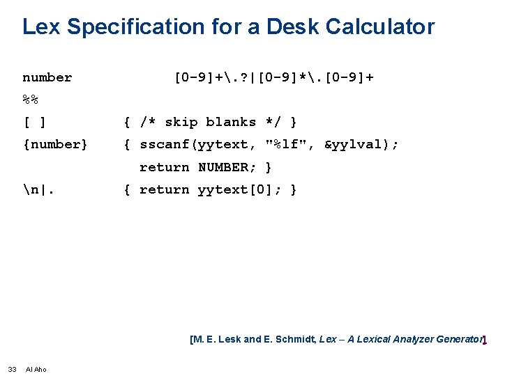 Lex Specification for a Desk Calculator number [0 -9]+. ? |[0 -9]*. [0 -9]+
