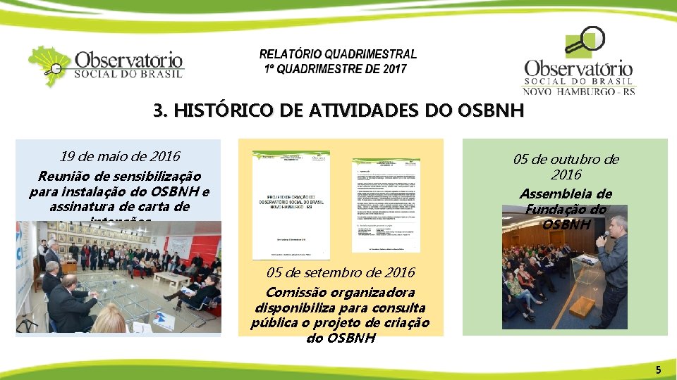 3. HISTÓRICO DE ATIVIDADES DO OSBNH 19 de maio de 2016 Reunião de sensibilização