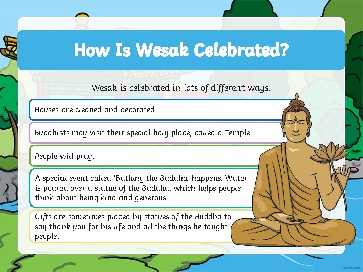 How Is Wesak Celebrated? Wesak is celebrated in lots of different ways. Houses are