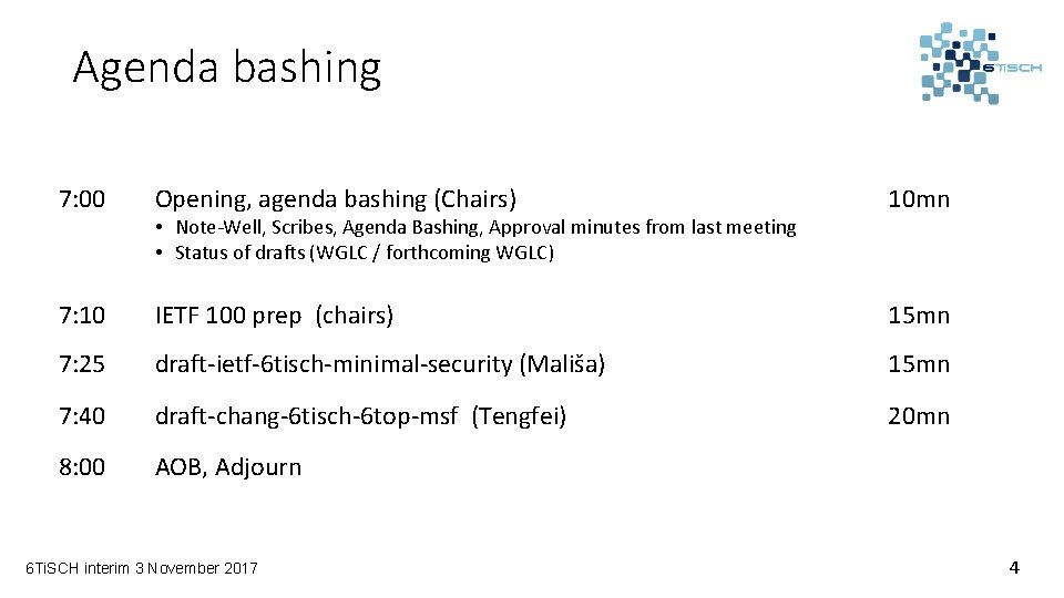 Agenda bashing 7: 00 Opening, agenda bashing (Chairs) 10 mn 7: 10 IETF 100