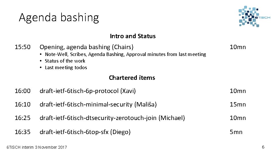 Agenda bashing Intro and Status 15: 50 Opening, agenda bashing (Chairs) • Note-Well, Scribes,