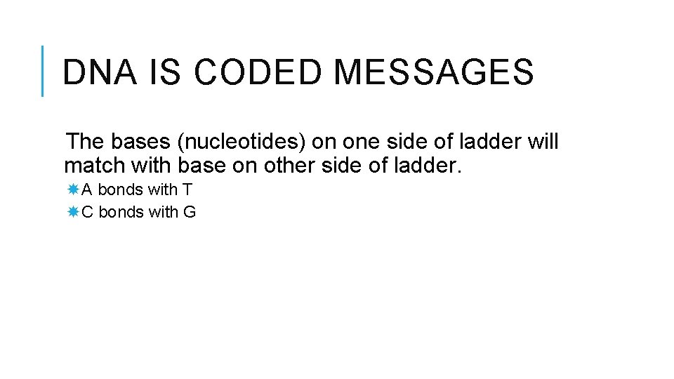 DNA IS CODED MESSAGES The bases (nucleotides) on one side of ladder will match