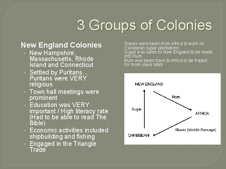 3 Groups of Colonies � New England Colonies • New Hampshire, • • •