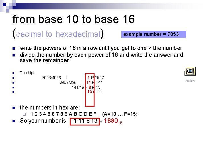 from base 10 to base 16 example number = 7053 (decimal to hexadecimal) n