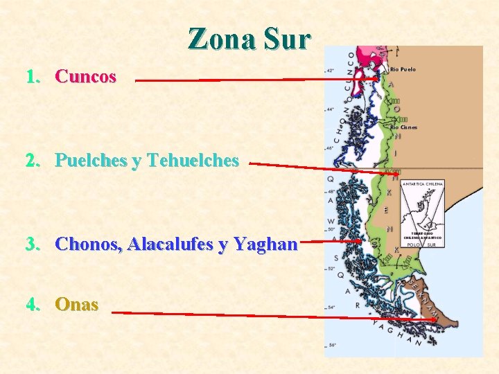 Zona Sur 1. Cuncos 2. Puelches y Tehuelches 3. Chonos, Alacalufes y Yaghan 4.