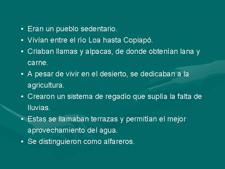  • Eran un pueblo sedentario. • Vivían entre el río Loa hasta Copiapó.