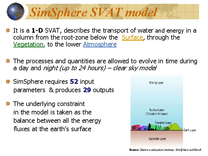 Sim. Sphere SVAT model It is a 1 -D SVAT, describes the transport of