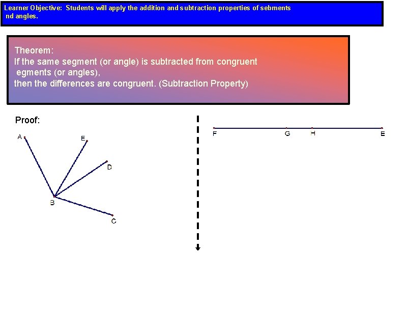 Learner Objective: Students will apply the addition and subtraction properties of sebments nd angles.