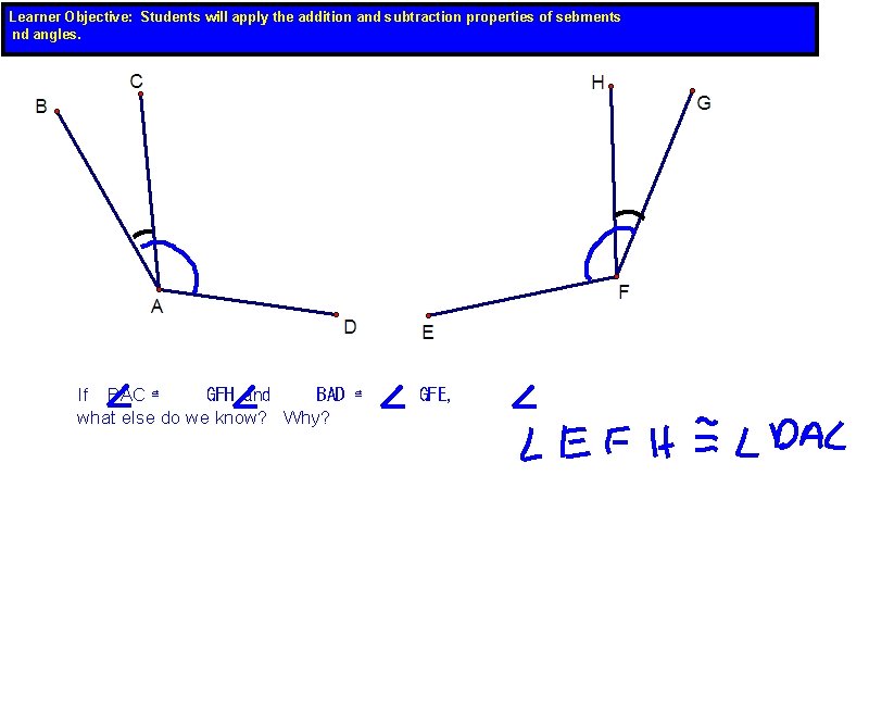 Learner Objective: Students will apply the addition and subtraction properties of sebments nd angles.