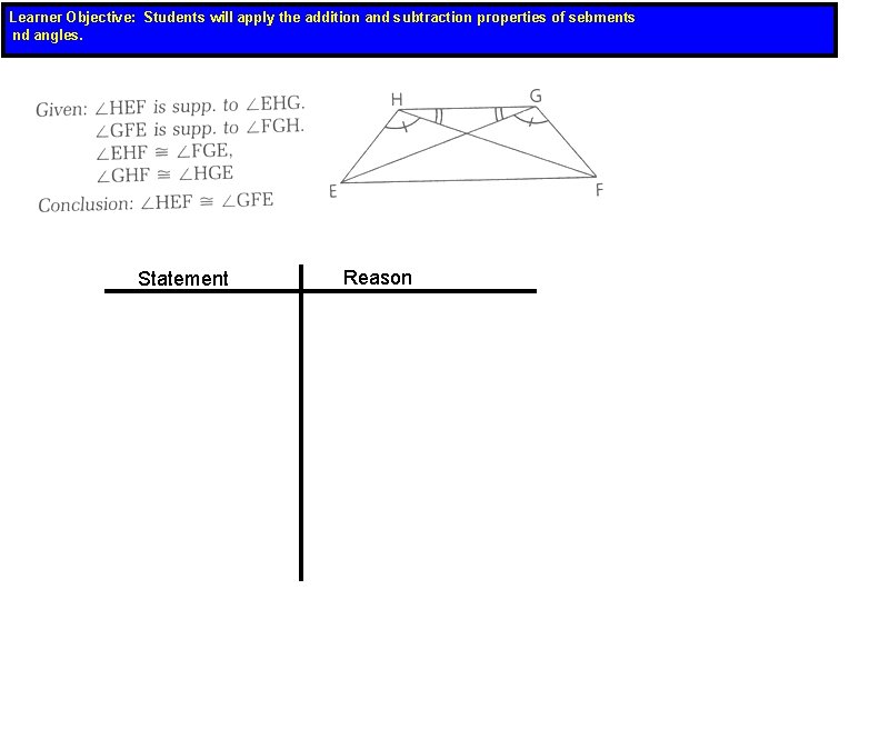 Learner Objective: Students will apply the addition and subtraction properties of sebments nd angles.