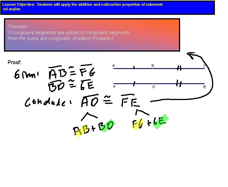 Learner Objective: Students will apply the addition and subtraction properties of sebments nd angles.