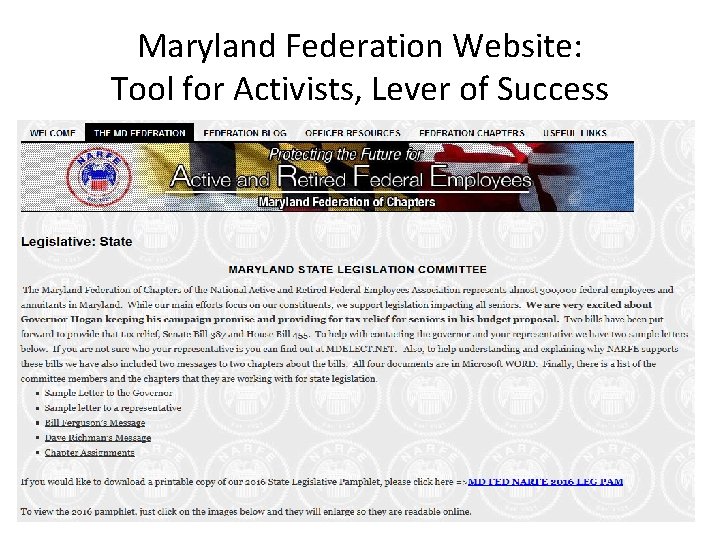 Maryland Federation Website: Tool for Activists, Lever of Success 