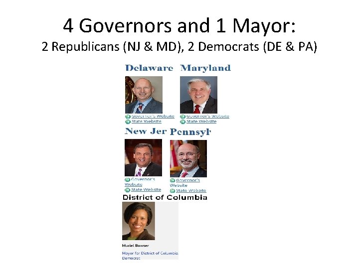 4 Governors and 1 Mayor: 2 Republicans (NJ & MD), 2 Democrats (DE &