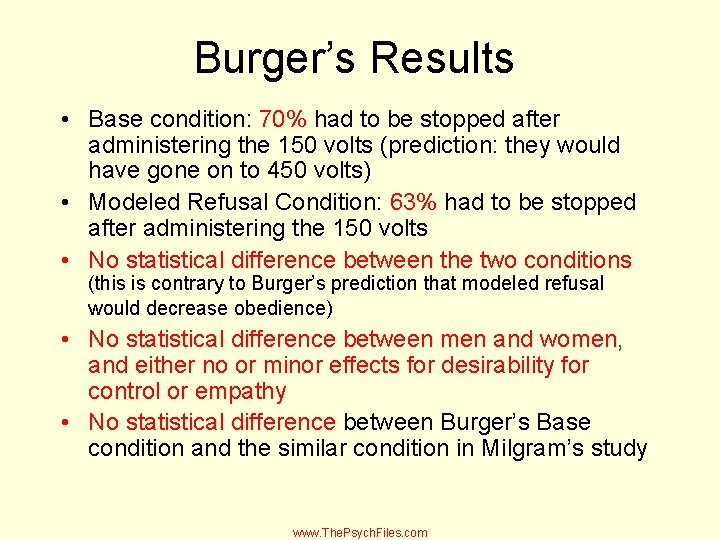 Burger’s Results • Base condition: 70% had to be stopped after administering the 150