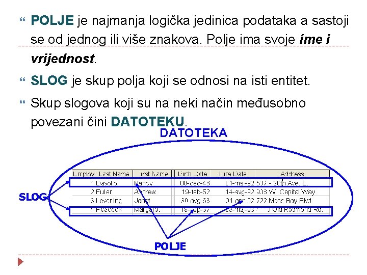  POLJE je najmanja logička jedinica podataka a sastoji se od jednog ili više