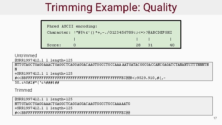Trimming Example: Quality Phred ASCII encoding: Character: !"#$%&'()*+, -. /0123456789: ; <=>? @ABCDEFGHI Score: