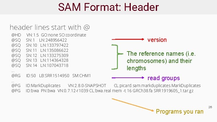 SAM Format: Header header lines start with @ @HD @SQ @SQ @SQ … @RG.