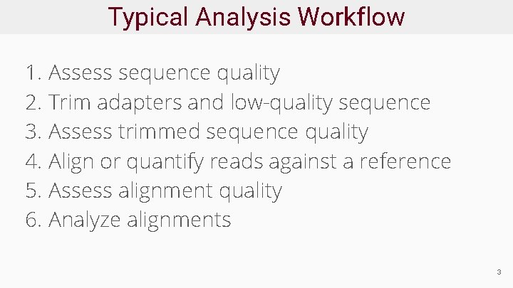 Typical Analysis Workflow 1. Assess sequence quality 2. Trim adapters and low-quality sequence 3.