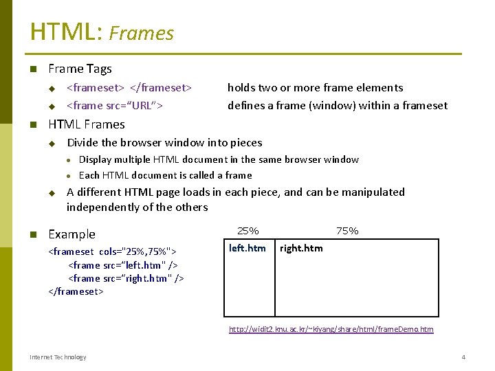 HTML: Frames Frame Tags u u <frameset> </frameset> <frame src=“URL”> holds two or more