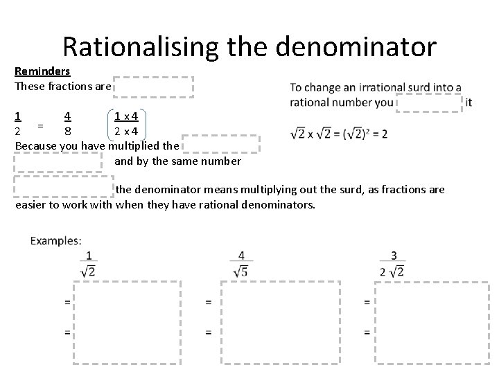 Rationalising the denominator Reminders These fractions are 1 4 1 x 4 = 2