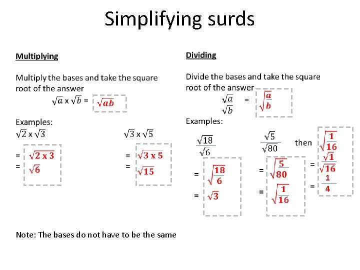 Simplifying surds = 1 4 Note: The bases do not have to be the