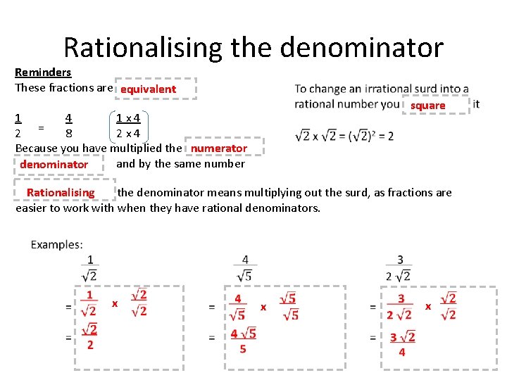Rationalising the denominator Reminders These fractions are equivalent square 1 4 1 x 4