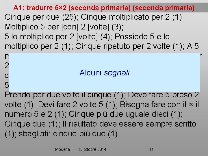 A 1: tradurre 5× 2 (seconda primaria) Cinque per due (25); Cinque moltiplicato per