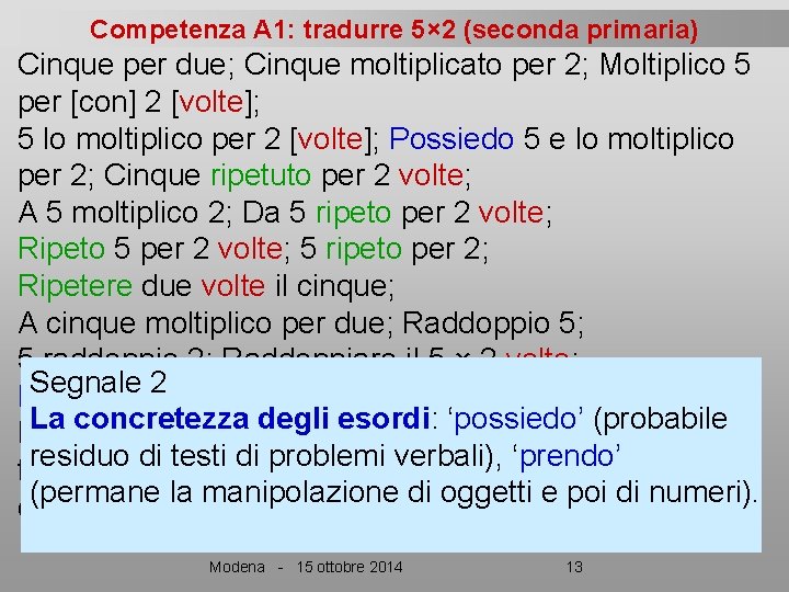 Competenza A 1: tradurre 5× 2 (seconda primaria) Cinque per due; Cinque moltiplicato per