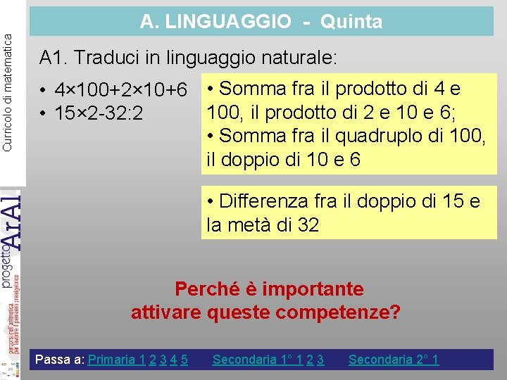 Curricolo di matematica A. LINGUAGGIO - Quinta A 1. Traduci in linguaggio naturale: •