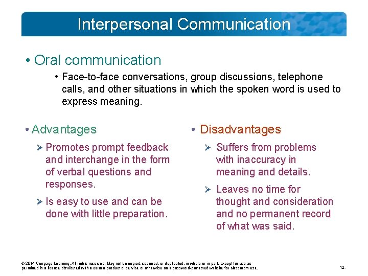 Interpersonal Communication • Oral communication • Face-to-face conversations, group discussions, telephone calls, and other