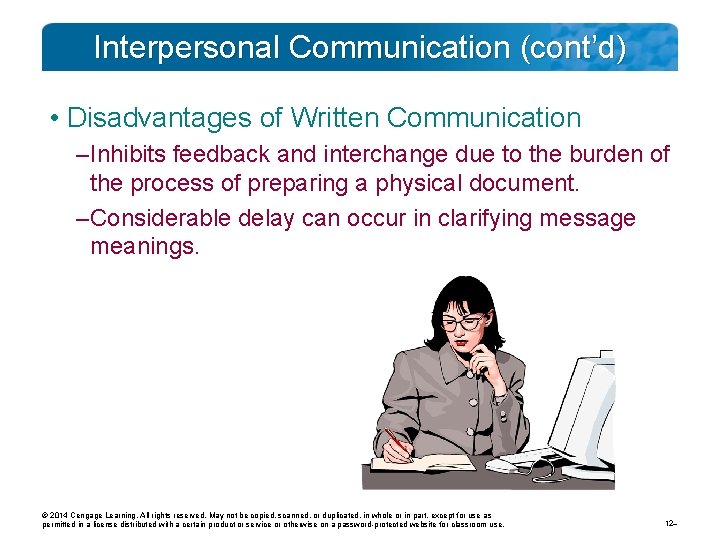 Interpersonal Communication (cont’d) • Disadvantages of Written Communication – Inhibits feedback and interchange due