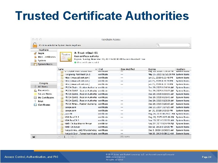 Trusted Certificate Authorities Access Control, Authentication, and PKI © 2015 Jones and Bartlett Learning, Trusted Certificate Authorities Access Control, Authentication, and PKI © 2015 Jones and Bartlett Learning,