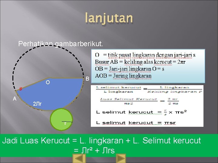 lanjutan Perhatikan gambarberikut. s A B O 2 Лr r Jadi Luas Kerucut =