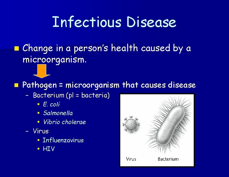 Infectious Disease n n Change in a person’s health caused by a microorganism. Pathogen