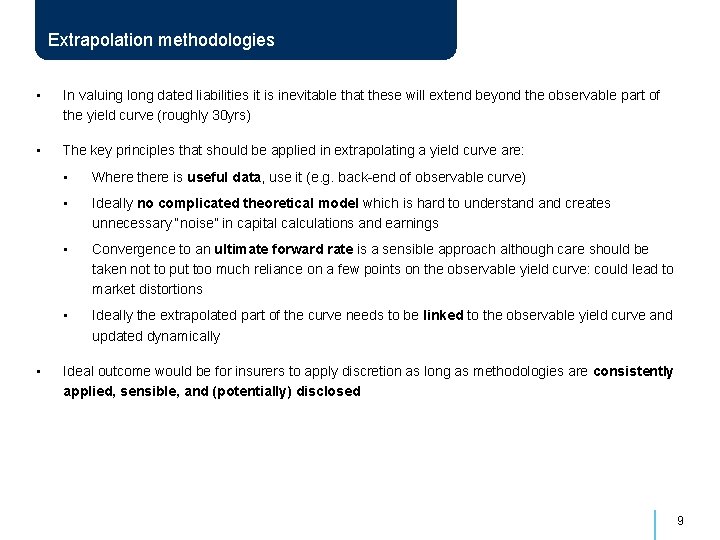 Extrapolation methodologies • In valuing long dated liabilities it is inevitable that these will