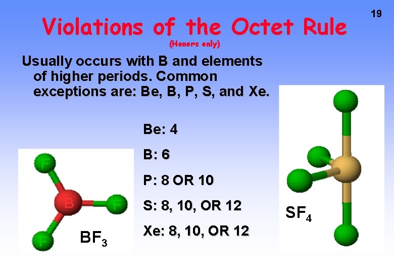 Violations of the Octet Rule (Honors only) Usually occurs with B and elements of