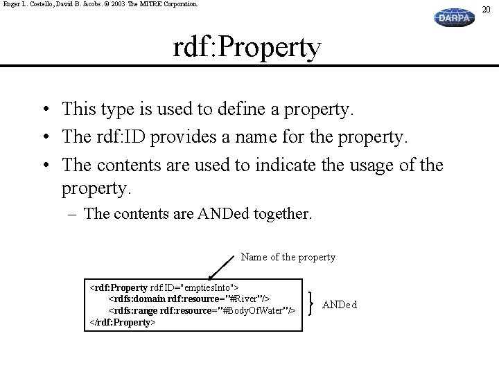 Roger L. Costello, David B. Jacobs. © 2003 The MITRE Corporation. 20 rdf: Property