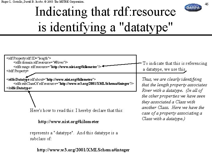 Roger L. Costello, David B. Jacobs. © 2003 The MITRE Corporation. Indicating that rdf: