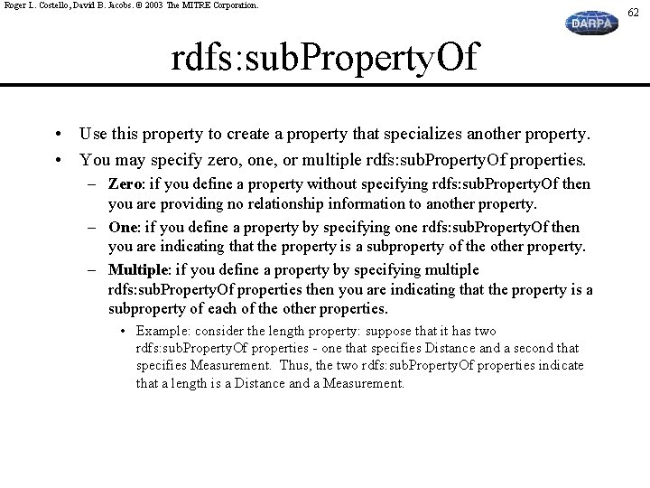 Roger L. Costello, David B. Jacobs. © 2003 The MITRE Corporation. rdfs: sub. Property.