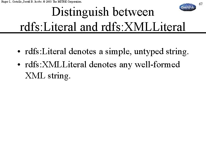 Roger L. Costello, David B. Jacobs. © 2003 The MITRE Corporation. Distinguish between rdfs: