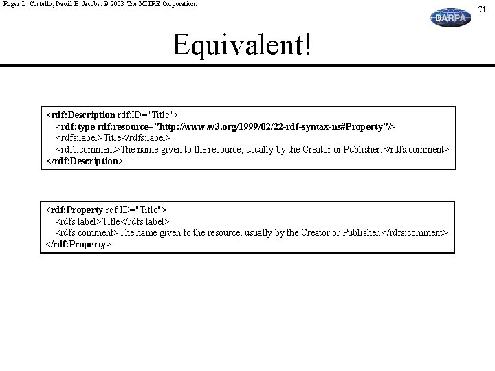 Roger L. Costello, David B. Jacobs. © 2003 The MITRE Corporation. Equivalent! <rdf: Description