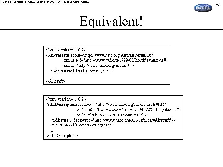 Roger L. Costello, David B. Jacobs. © 2003 The MITRE Corporation. Equivalent! <? xml