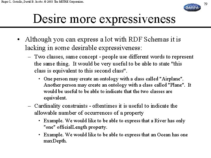 Roger L. Costello, David B. Jacobs. © 2003 The MITRE Corporation. Desire more expressiveness