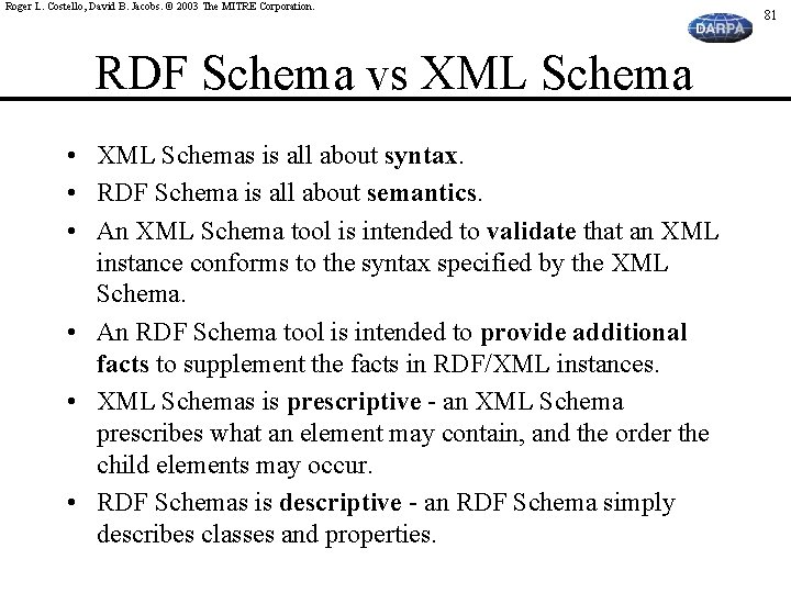 Roger L. Costello, David B. Jacobs. © 2003 The MITRE Corporation. RDF Schema vs